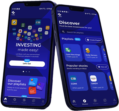 Blaze mobile app showing home and trading screens
